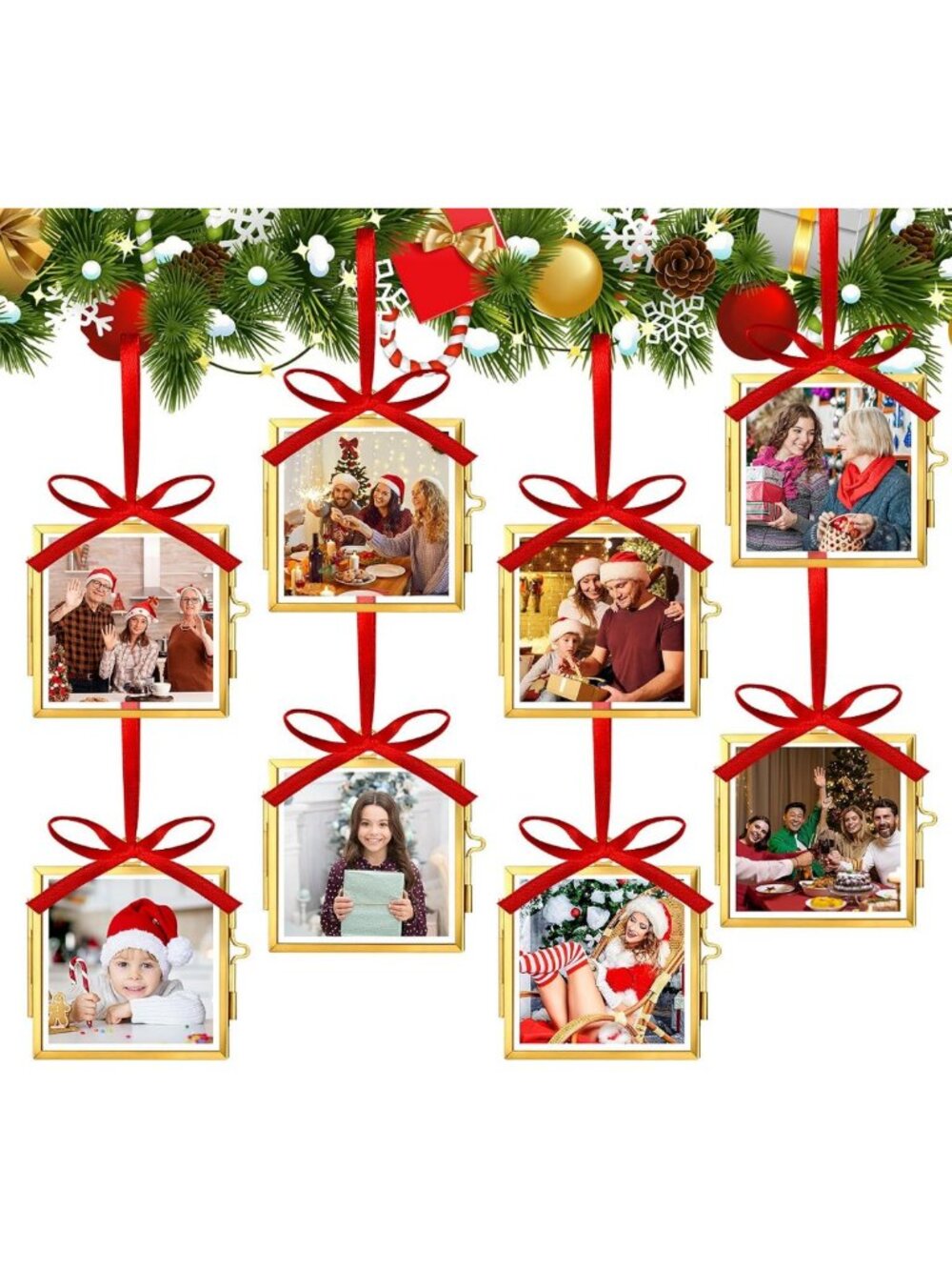 8 Set Christmas Frame Ornaments - Rectangular 2.68x2.68 Inch Holiday Decor